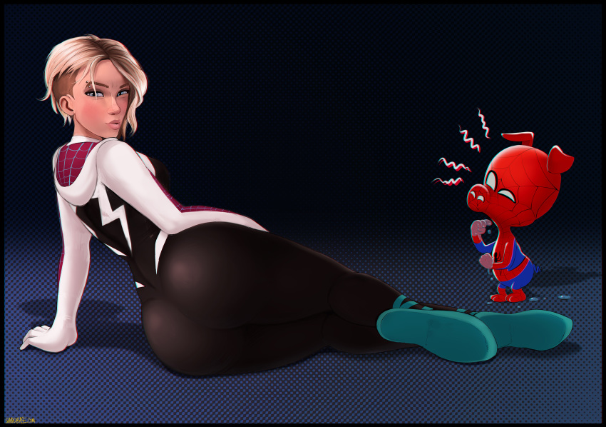 blonde_hair butt domestic_pig eyebrow_piercing facial_piercing green_eyes gwen_stacy hair hi_res human human_focus into_the_spider-verse mammal marvel not_furry_focus piercing shadman spider-ham spider-woman suid suina sus_(pig) water