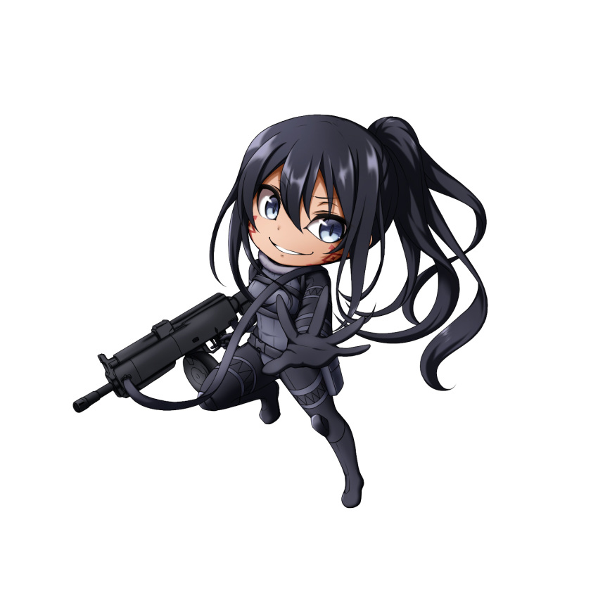 1girl bangs black_bodysuit black_footwear black_gloves black_hair blue_eyes blush bodysuit boots breasts dark_skin drum_magazine eyebrows_visible_through_hair facial_mark gloves gun hair_between_eyes high_ponytail highres holding holding_gun holding_weapon knee_boots kuena long_hair looking_at_viewer pitohui_(sao) ponytail simple_background small_breasts solo sword_art_online sword_art_online_alternative:_gun_gale_online very_long_hair weapon weapon_request white_background