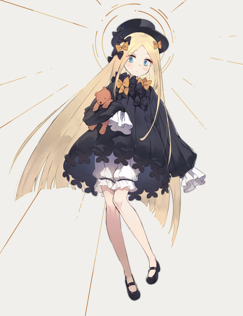 1girl abigail_williams_(fate/grand_order) bangs black_bow black_dress black_footwear black_hat blonde_hair bloomers blue_eyes blush bow brown_background bug butterfly closed_mouth dress fate/grand_order fate_(series) forehead full_body hair_bow hat highres insect jehyun long_hair long_sleeves looking_at_viewer mary_janes object_hug orange_bow parted_bangs polka_dot polka_dot_bow shoes sleeves_past_fingers sleeves_past_wrists solo stuffed_animal stuffed_toy teddy_bear underwear very_long_hair white_bloomers