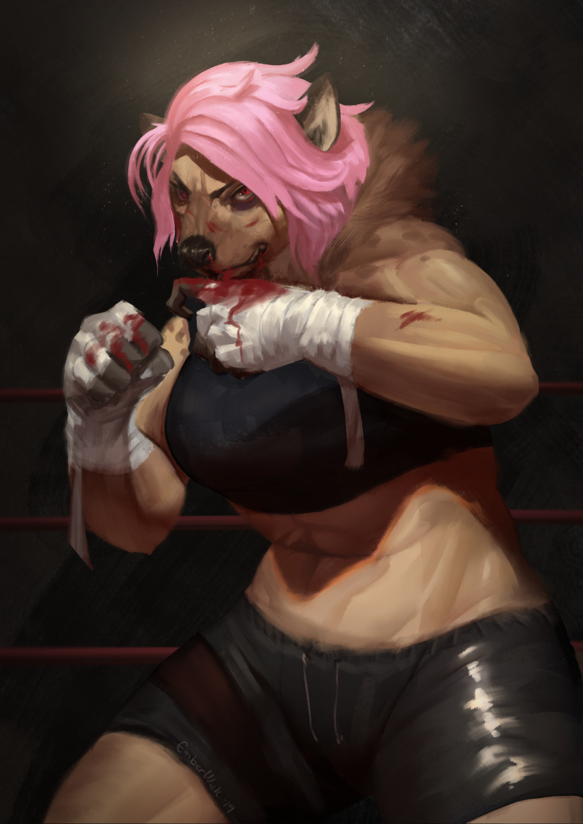 2019 absurd_res anthro arena bandage black_nose blood boxing breasts clothed clothing emberfoxart emberwick female fist hair hi_res hyaenid inside mammal muscular muscular_female navel neck_tuft nosebleed pink_hair red_eyes shadow smile solo sport spotted_hyena standing tuft