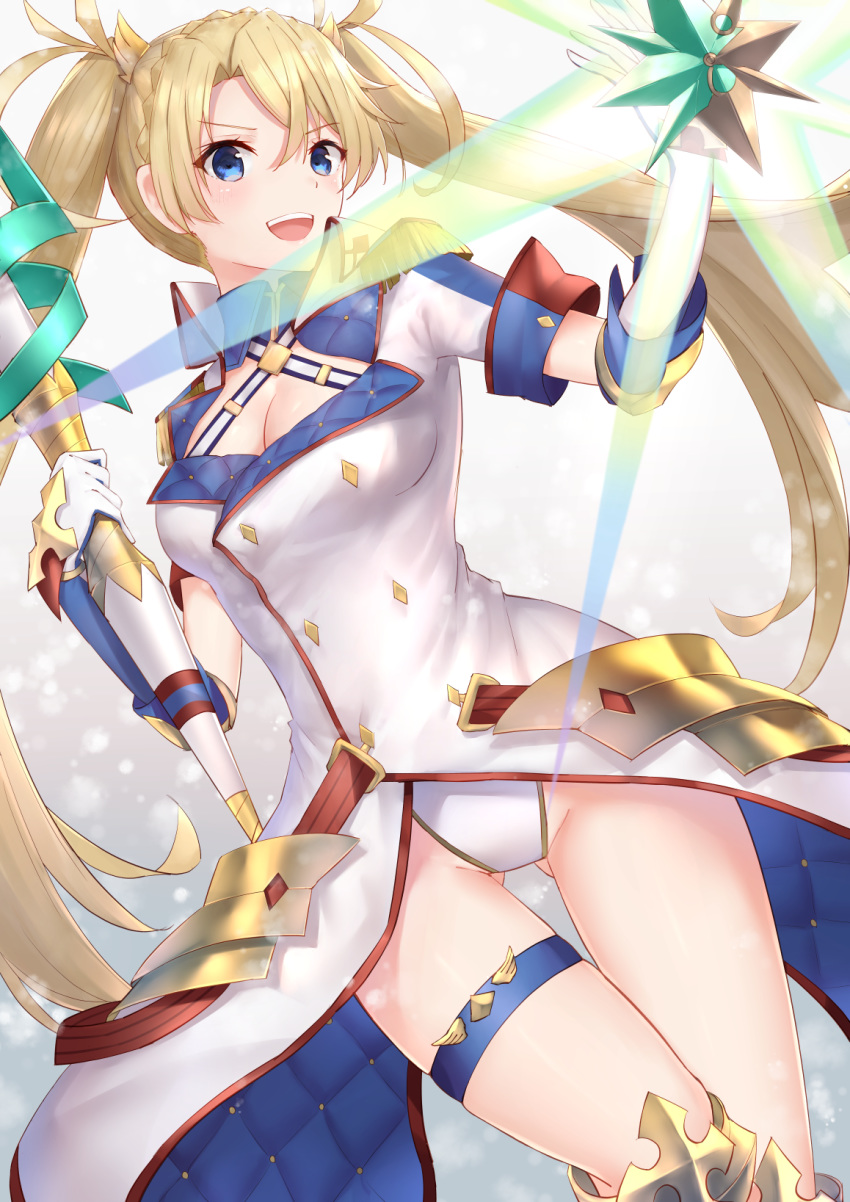 1girl :d armored_boots blonde_hair blue_eyes boots bradamante_(fate/grand_order) breasts cleavage cleavage_cutout eyebrows_visible_through_hair fate/grand_order fate_(series) faulds floating_hair gloves hair_between_eyes highres holding holding_weapon leotard long_hair medium_breasts open_mouth reuri_(tjux4555) smile solo thigh_strap twintails very_long_hair waist_cape weapon white_gloves white_leotard