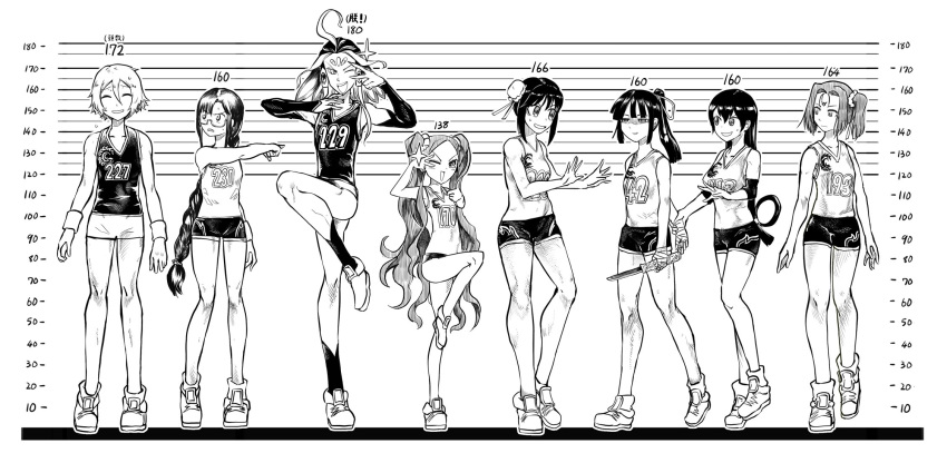 1boy 1other 6+girls ahoge bandage braid consort_yu_(fate) country_connection dagger double_bun elbow_pads facial_scar fate/grand_order fate_(series) gao_changgong_(fate) glasses greyscale hair_over_one_eye hair_rings height_chart highres jing_ke_(fate/grand_order) knee_pads monochrome multiple_girls nezha_(fate/grand_order) one_eye_closed ponytail pose qin_liangyu_(fate) qin_shi_huang_(fate/grand_order) scar shorts sportswear teke-emon tongue tongue_out twintails v_over_eye volleyball_uniform weapon wu_zetian_(fate/grand_order) xuanzang_(fate/grand_order)