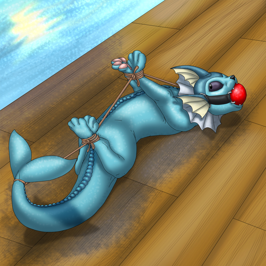 2019 ambiguous_gender ball_gag bdsm bondage bound captured caught cord digital_drawing_(artwork) digital_media_(artwork) eeveelution feet feral feral_bondage fishing gag gagged hi_res hogtied nintendo paws pok&eacute;mon pok&eacute;mon_(species) raptorroper rope solo vaporeon video_games