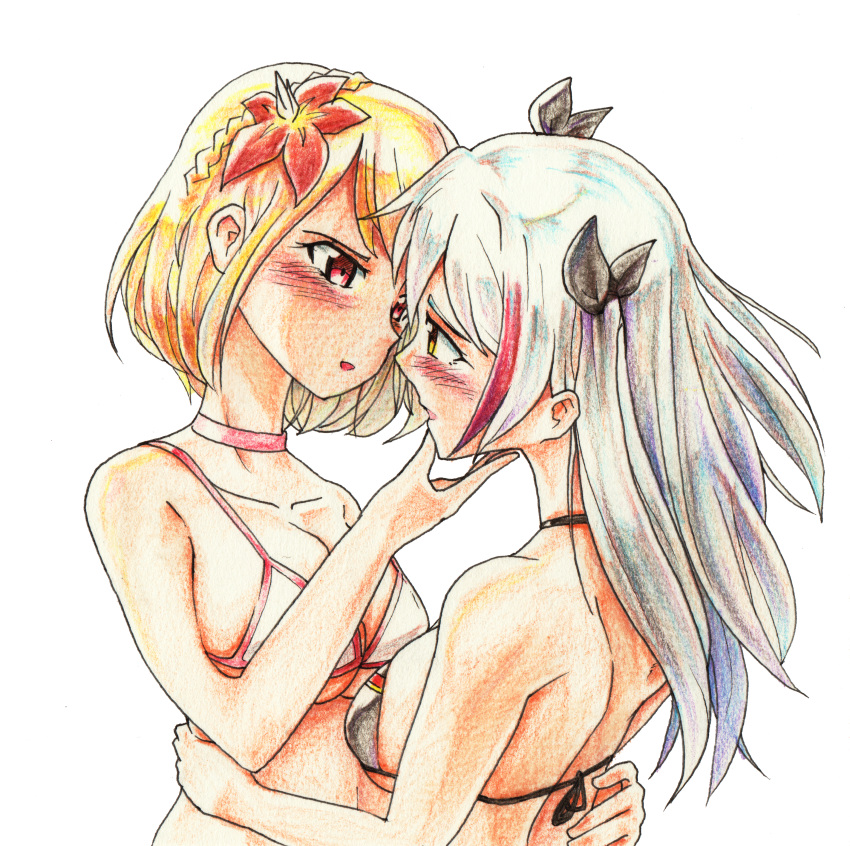 2girls absurdres azur_lane bikini blonde_hair blush bob_cut braid choker colored_pencil_(medium) flower hair_flower hair_ornament hair_ribbon hand_on_another's_chin highres huge_filesize imminent_kiss long_hair multicolored_hair multiple_girls pompmaker1 prince_of_wales_(azur_lane) prinz_eugen_(azur_lane) red_eyes ribbon short_hair silver_hair swimsuit traditional_media two_side_up yellow_eyes yuri