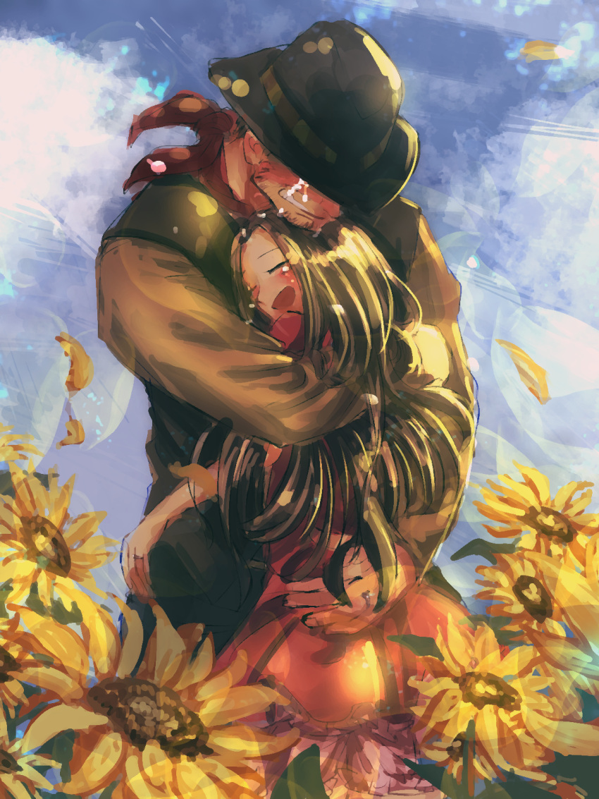 beard blue_sky couple cowboy_hat crying dress eyes_closed facial_hair flint flower hat hidden_eyes highres hinawa hug jewelry long_hair mother_(game) mother_3 nintendo petals red_dress ring scarf sky sunflower wedding_band