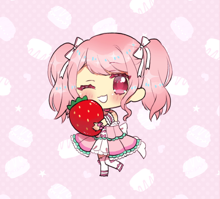 1girl ;d bang_dream! bangs blush bow chibi choker detached_sleeves dress food fruit full_body hair_ribbon holding holding_food holding_fruit looking_at_viewer macaron_background maruyama_aya one_eye_closed open_mouth pink_background pink_bow pink_dress pink_eyes pink_hair pink_theme polka_dot polka_dot_background ribbon sidelocks smile solo star strawberry twintails wanokuni_(wakokusforest) white_ribbon wrist_bow