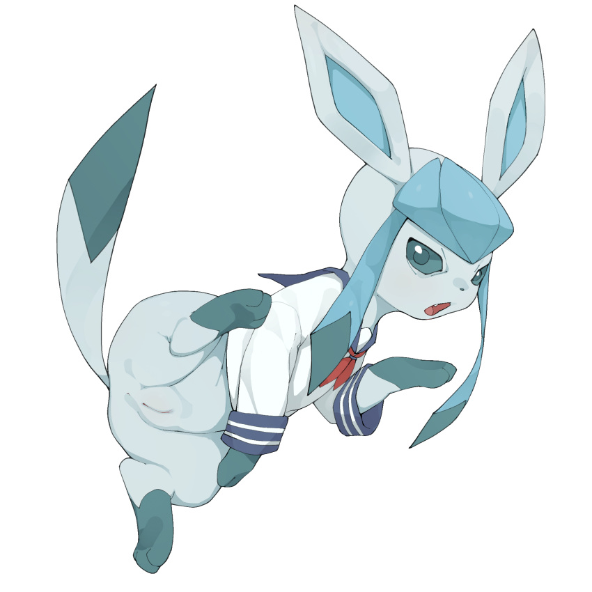 anus canid canine clothing eeveelution female feral glaceon hi_res looking_at_viewer mammal nintendo pok&eacute;mon pok&eacute;mon_(species) pussy sailor_outfit simple_background solo video_games white_background youjomodoki