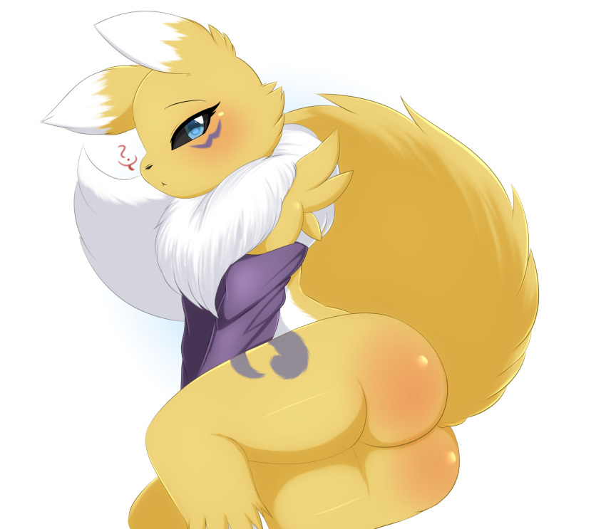 anthro black_sclera blue_eyes blush digimon digimon_(species) digital_media_(artwork) female fur hi_res looking_at_viewer mammal nude papilrux renamon simple_background solo white_fur yellow_fur