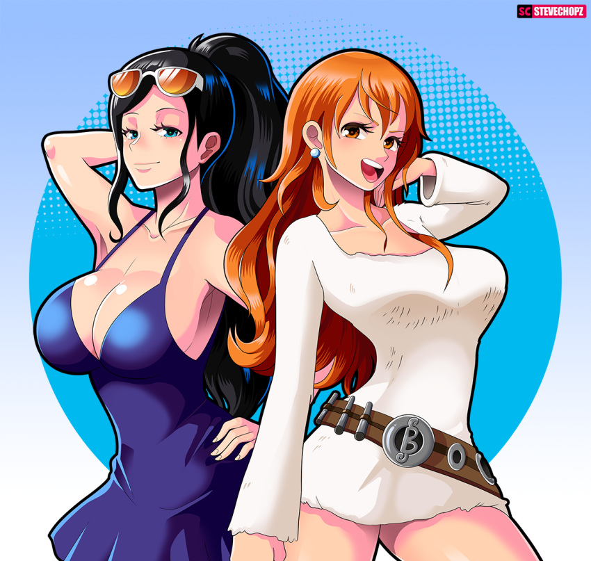 2girls bare_arms bare_shoulders belt black_hair blue_eyes breasts brown_eyes cleavage curvy dress earring happy large_breasts long_hair multiple_girls nami_(one_piece) nico_robin one_piece open_mouth orange_hair ponytail pose smile sunglasses sunglasses_on_head tagme teeth thighs tied_hair tongue