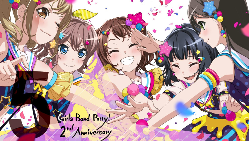 &gt;:) 5 5girls ;) ^_^ anniversary armlet bang_dream! bangs black_hair blonde_hair blue_eyes blush brown_eyes brown_hair closed_eyes commentary_request confetti copyright_name countdown detached_sleeves eyes_closed frilled_sleeves frills green_eyes grin hair_ornament hair_ribbon hanazono_tae hands_together highres huddle ichigaya_arisa long_hair looking_at_another looking_at_viewer multiple_girls number official_art one_eye_closed polka_dot pom_pom_(clothes) pom_pom_earrings poppin'party ribbon salute short_hair skirt sleeveless smile star star_hair_ornament striped striped_ribbon suspenders toyama_kasumi twintails ushigome_rimi wrist_cuffs yamabuki_saaya yellow_ribbon