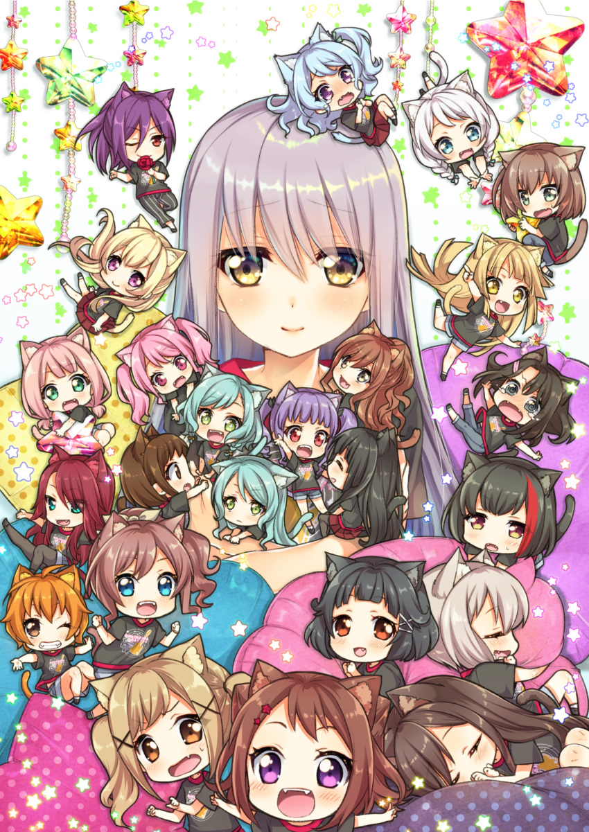 6+girls ;) @_@ ^_^ animal_ears aoba_moka aqua_eyes bang_dream! bangs black_hair black_legwear black_pants black_shirt blonde_hair blue_eyes blue_hair blush braid brown_eyes brown_hair cat_ears cat_tail chibi clenched_hands closed_eyes commentary_request crying denim denim_shorts everyone eyes_closed fangs flower green_eyes grey_hair grin hair_between_eyes hair_flaps hair_ornament half_updo hanazono_tae hazawa_tsugumi highres hikawa_hina hikawa_sayo holding holding_flower ichigaya_arisa imai_lisa index_finger_raised jeans kemonomimi_mode kitazawa_hagumi long_hair looking_at_viewer low_twintails maruyama_aya matsubara_kanon minato_yukina minigirl mitake_ran multicolored_hair multiple_girls okusawa_misaki one_eye_closed orange_hair outstretched_arms pants pantyhose pillow pink_hair pleated_skirt polka_dot ponytail print_shirt purple_eyes purple_hair red_eyes red_flower red_hair red_rose red_skirt rose seta_kaoru shirokane_rinko shirt short_hair short_shorts short_sleeves shorts sidelocks skirt sleeping smile spread_arms star star_hair_ornament streaked_hair striped sweatdrop t-shirt tail toyama_kasumi tsurugi_hikaru tsurumaki_kokoro twin_braids twintails udagawa_ako udagawa_tomoe uehara_himari ushigome_rimi vertical-striped_pants vertical_stripes white_hair x_hair_ornament yamabuki_saaya yamato_maya yellow_eyes