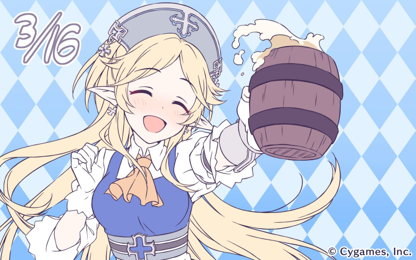 1girl ayase_yukari beer_mug blonde_hair blush collared_shirt cygames earrings elf eyes_closed gloves highres jewelry long_hair official_art open_mouth pointy_ears princess_connect! princess_connect!_re:dive shirt very_long_hair white_gloves