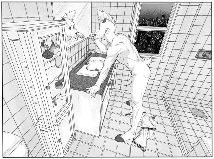 anthro athletic black_and_white bottle bovid brushing_teeth caprine city detailed_background digital_media_(artwork) fur goat hair hooves horn humanoid humanoid_penis jelly_shades leaning_over lights looking_at_mirror male mammal mirror mohawk monochrome mourtzo_(jelly_shades) muscular night_time nude penis reflection shower silhouette sink solo standing towel uncut