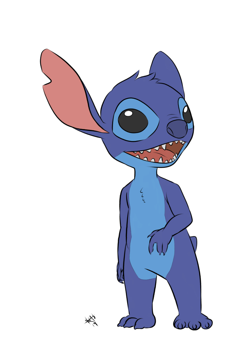 2019 3_toes 4_fingers absurd_res alien black_eyes blue_claws blue_fur blue_nose chest_tuft claws colored_sketch disney experiment_(species) flat_colors fur head_tuft hi_res lilo_and_stitch looking_at_viewer notched_ear open_mouth open_smile signature silas_blackwing simple_background small_tail smile solo standing stitch toe_claws toes tuft white_background