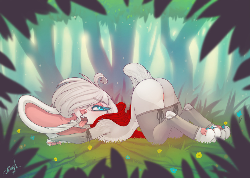 absurd_res anthro ass_up bonk butt clothed clothing english_text female flat_chested forest hi_res lagomorph legwear little_red_riding_hood little_red_riding_hood_(copyright) looking_back mammal open_mouth pussy rabbit solo text thigh_highs tongue tongue_out tree