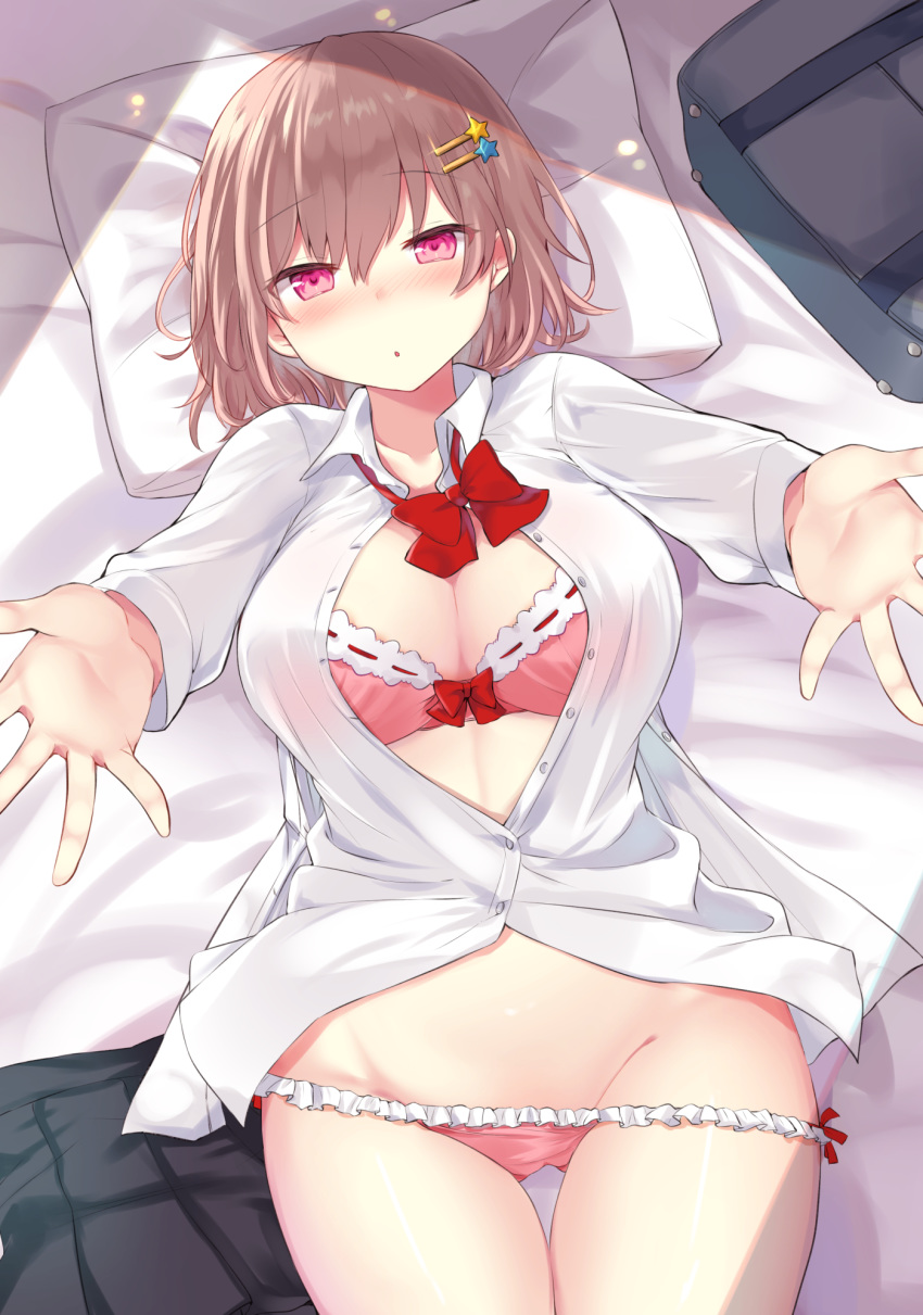 1girl :o bad_id bad_pixiv_id bag bangs bed_sheet black_skirt blush bow bow_bra bowtie bra breasts brown_hair buttons chiune_(yachi) cleavage collarbone collared_shirt cowboy_shot dress_shirt error eyebrows_visible_through_hair frilled_bra frilled_panties frills glint gluteal_fold groin hair_between_eyes hair_ornament hairclip highres lace_trim large_breasts long_sleeves looking_at_viewer lying miniskirt on_back original outstretched_arms panties panty_pull parted_lips partially_unbuttoned pillow pink_bra pink_eyes pink_panties pleated_skirt reaching_out red_bow school_bag school_uniform shirt short_hair side-tie_panties sidelocks skirt skirt_removed solo star star_hair_ornament underwear white_shirt