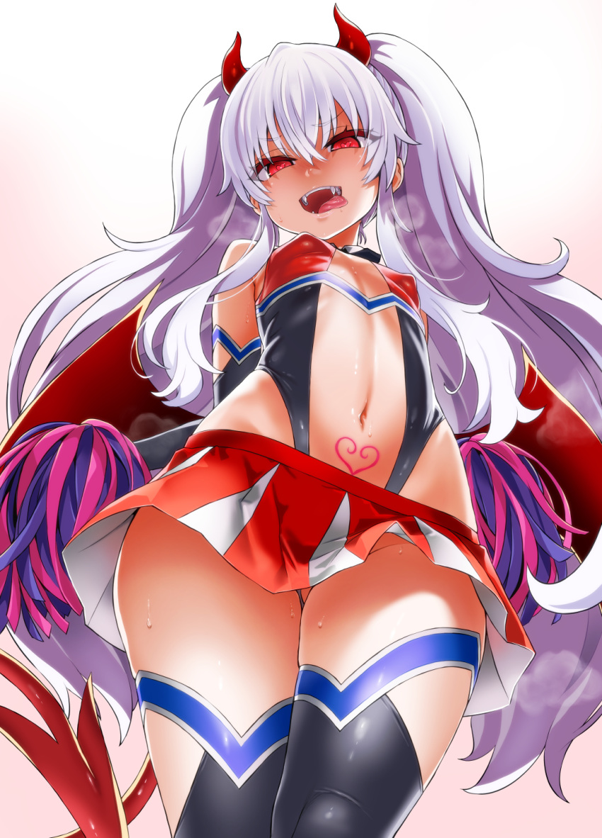 1girl :d arms_behind_back asanagi bangs bare_shoulders blush breasts cheerleader dark_persona demon_girl demon_horns demon_tail demon_wings elbow_gloves erect_nipples evo_grim eyebrows_visible_through_hair fangs from_below gloves gradient gradient_background grim_aloe hair_between_eyes heart heart-shaped_pupils highres horns long_hair looking_at_viewer looking_down microskirt naughty_face navel open_mouth pleated_skirt pom_poms quiz_magic_academy quiz_magic_academy_the_world_evolve red_eyes red_horns shiny shiny_skin sidelocks skirt small_breasts smile solo steaming_body sweat symbol-shaped_pupils tail thighhighs tongue tongue_out twintails white_hair wings