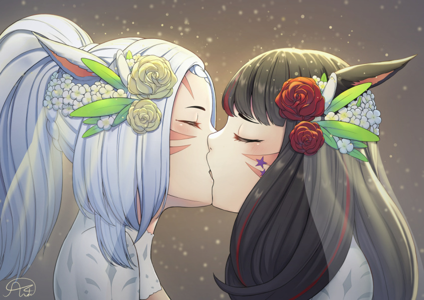 2girls andonoz animal_ears bangs black_hair blurry blurry_background blush bridal_veil bride cat_ears cat_tail close-up commission dress eyes_closed face final_fantasy final_fantasy_xiv flower gradient gradient_background hair_flower hair_ornament kiss long_hair miqo'te multicolored_hair multiple_girls ponytail profile signature streaked_hair tail two-tone_hair veil wedding wedding_dress whisker_markings white_hair wife_and_wife yuri