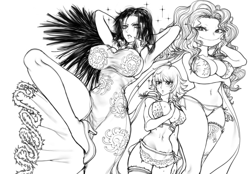 black_hair blonde_hair boa_hancock boa_sandersonia breasts curvy earrings female hand_behind_head height_difference high_resolution jewelry kegs large_breasts long_hair marguerite midriff monochrome navel one_piece piercing short_hair stomach the_golden_smurf thick_thighs thighs