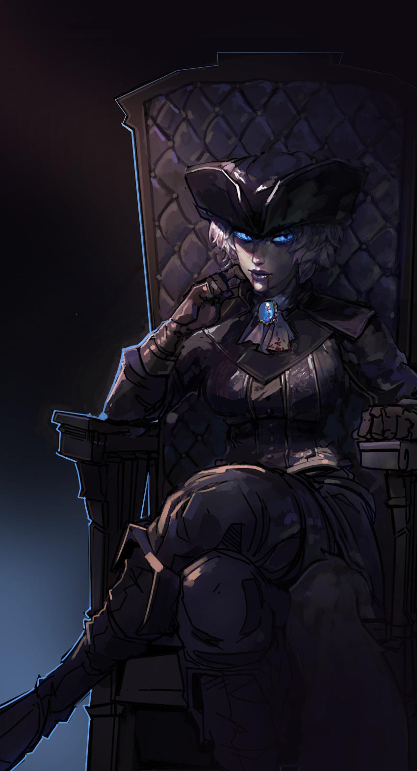 1girl absurdres black_gloves blood blood_from_mouth bloodborne blue_eyes breasts commentary commission english_commentary gloves glowing glowing_eyes grimsby hat highres lady_maria_of_the_astral_clocktower legs_crossed lipstick looking_at_viewer makeup medium_breasts nose pants purple_lipstick short_hair silver_hair sitting solo the_old_hunters throne tricorne