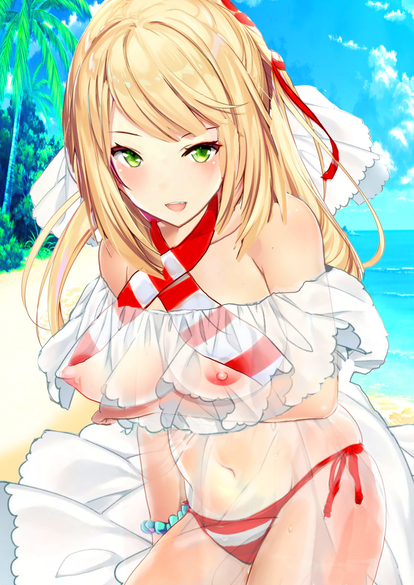 1girl absurdres arm_under_breasts aruuin bangs bare_shoulders beach bead_bracelet beads bikini blonde_hair blue_sky blush bracelet breasts collarbone criss-cross_halter dress fate/extra fate/grand_order fate_(series) gown green_eyes hair_ribbon halterneck highres jewelry large_breasts long_hair looking_at_viewer navel nero_claudius_(fate)_(all) nero_claudius_(swimsuit_caster)_(fate) nipple_slip nipples ocean open_mouth palm_tree red_bikini red_ribbon ribbon see-through sky smile solo striped striped_bikini swept_bangs swimsuit tree white_ribbon