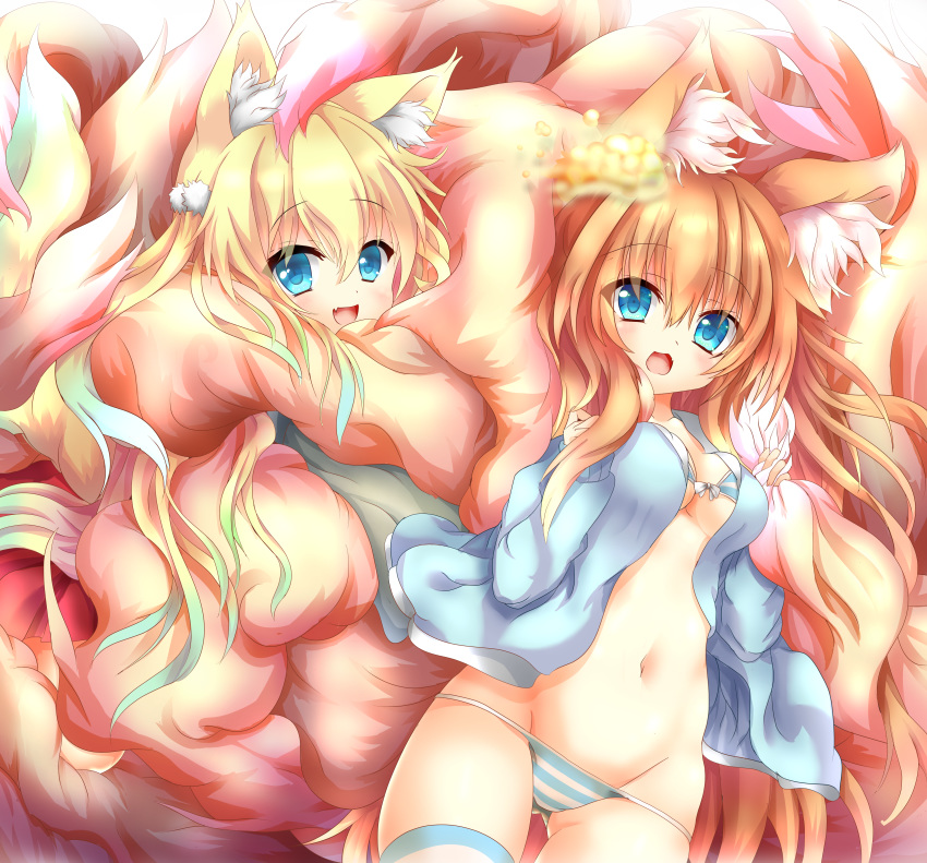 2girls absurdres animal_ear_fluff animal_ears bangs bikini_top blonde_hair blue_bikini_top blue_eyes blue_jacket blue_legwear bow breasts child commentary_request fang flying_nimbus fox_ears fox_girl fox_tail front-tie_top gluteal_fold green_hair hair_between_eyes highres huge_filesize jacket kyuubi large_tail long_hair looking_at_viewer lowleg lowleg_panties macaroni710 medium_breasts multicolored_hair multiple_girls multiple_tails navel open_clothes open_jacket open_mouth original panties single_thighhigh smile standing striped striped_bikini_top striped_legwear striped_panties tail tail_hug thighhighs two-tone_hair underwear very_long_hair white_bow