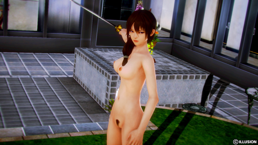 1girl 3d blue_eyes breasts brown_hair gintama honey_select illusion illusion_soft knife large_breasts looking_at_viewer mutsu_(gintama) navel nipples nude pubic_hair pussy uncensored weapon
