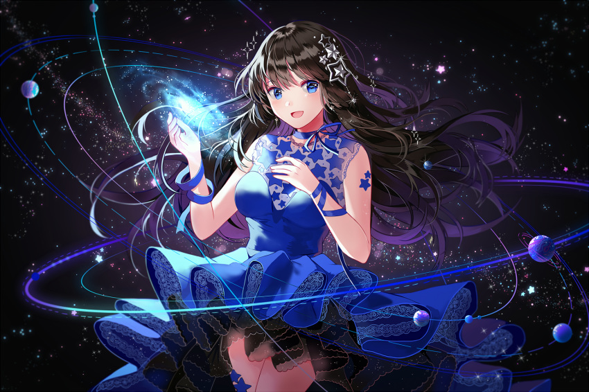 black black_hair blue_eyes blush choker dress long_hair original planet ribbons silence_girl stars waifu2x wristwear