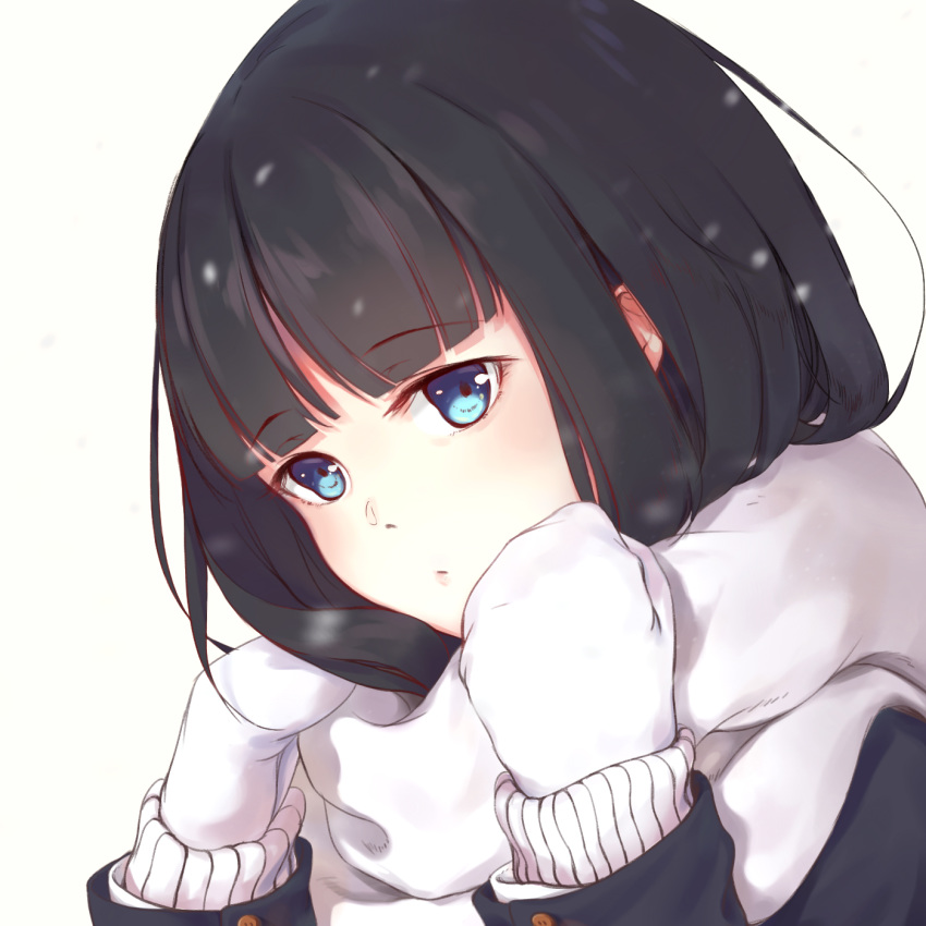 1girl bangs black_hair black_jacket blue_eyes closed_mouth commentary commentary_request english_commentary eyebrows_visible_through_hair face fei_mao gloves highres jacket looking_at_viewer open_eyes scarf short_hair simple_background solo touma_kazusa white_album white_album_2 white_background white_gloves white_scarf winter_clothes