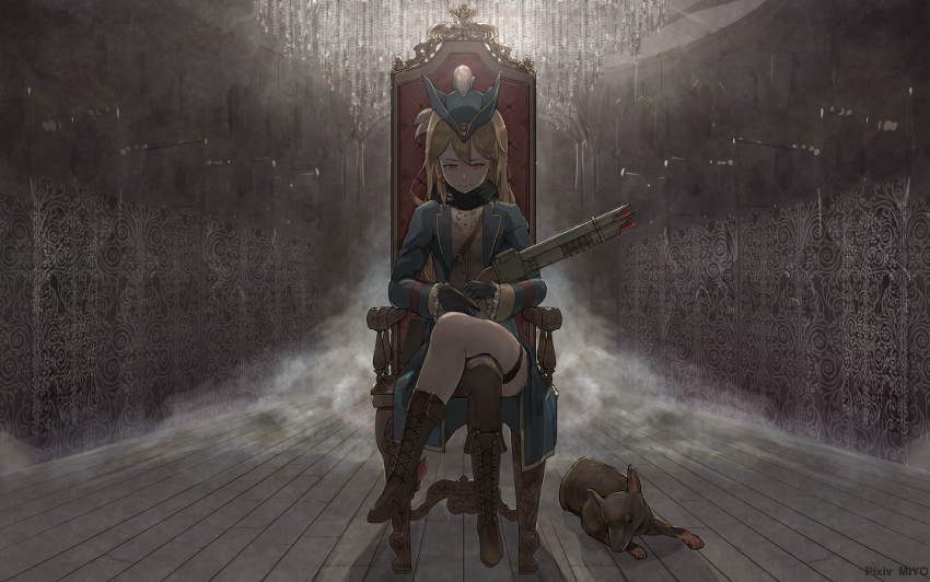 antique_firearm azur_lane backlighting bangs blonde_hair bloodborne blue_coat boots breasts brown_footwear brown_legwear chair closed_mouth cross-laced_footwear dog firearm frilled_sleeves frills full_body gun hat holding holding_gun holding_weapon hunter_(azur_lane) indoors knee_boots legs_crossed miyo_(miyostage) parody red_eyes short_shorts shorts sidelocks single_thighhigh sitting smile smog thigh_strap thighhighs trench_coat tricorne weapon