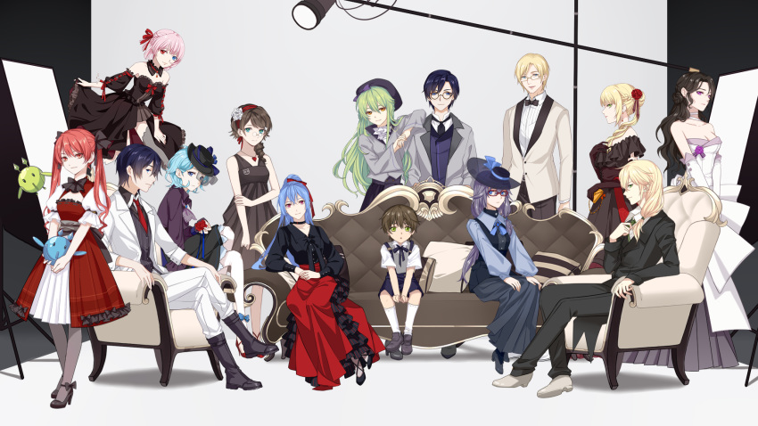 5boys 6+girls ada_(honkai_impact) ankle_ribbon aqua_eyes ascot bag bangs beige_jacket black_blouse black_footwear black_hair black_jacket black_neckwear black_ribbon black_skirt blonde_hair blouse blue_blouse blue_eyes blue_hair blue_neckwear blue_ribbon blue_vest boots bow bowtie braid breasts brown-framed_eyewear brown_eyes brown_gloves brown_hair choker cici cleavage_cutout closed_mouth collarbone collared_blouse collared_shirt couch curly_hair detached_collar detached_sleeves dress dress_lift drill_hair earrings edison_(honkai_impact) einstein_(honkai_impact) elbow_gloves elbow_on_another's_shoulder elbow_rest expressionless floating flower frills fu_hua full_body glasses gloves green_hair green_neckwear grey_coat grey_footwear grey_legwear grey_skirt grey_vest hair_ornament hair_over_shoulder hair_ribbon hairband half-closed_eyes handbag hands_together hat hat_ribbon heterochromia high-waist_skirt high_heels highres holding holding_arms holding_flower holding_handbag honkai_(series) honkai_impact_3 jacket jewelry layered_skirt lifted_by_self light_blue_hair loafers long_dress long_hair long_skirt long_sleeves looking_at_viewer mecha medium_breasts multicolored multicolored_clothes multicolored_dress multiple_boys multiple_girls nail_polish necklace necktie nikola_tesla_(honkai_impact) off-shoulder_dress off_shoulder official_art open_clothes open_jacket open_mouth otto_apocalypse pants pantyhose pink_hair planck ponytail puffy_short_sleeves puffy_sleeves purple_eyes purple_flower purple_hair purple_rose purple_shirt reanna_brigantia red-framed_eyewear red_eyes red_footwear red_hair red_lips red_nails red_neckwear red_ribbon ribbon rose schrodinger_(honkai_impact) shirt shoes short_hair short_sleeves shorts side_drill sidelocks sitting skirt smile socks standing strapless strapless_dress stud_earrings suspender_shorts suspenders tied_hair twintails veil very_long_hair vest walter_young welt_joyce white_choker white_dress white_footwear white_gloves white_jacket white_legwear white_pants wide_sleeves zhangheng
