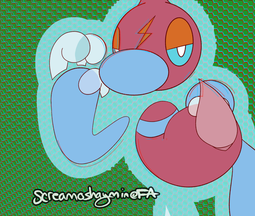 abstract_background animal_genitalia blue_sclera blue_skin fan_character genital_slit hi_res hybrid male nintendo penis pok&eacute;mon pok&eacute;mon_(species) porygon-z red_skin rotom screamoshaymin signature slit solo tapering_penis video_games