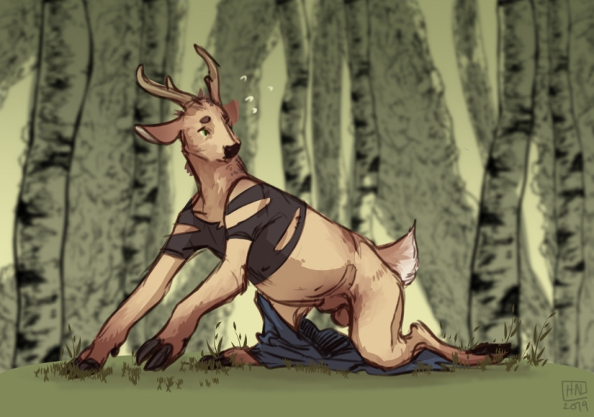 all_fours animal_genitalia antlers balls cervid clothing cloven_hooves feral forest grass green_eyes hooves horn human male mammal reservoirdog_(artist) sheath solo torn_clothing transformation tree