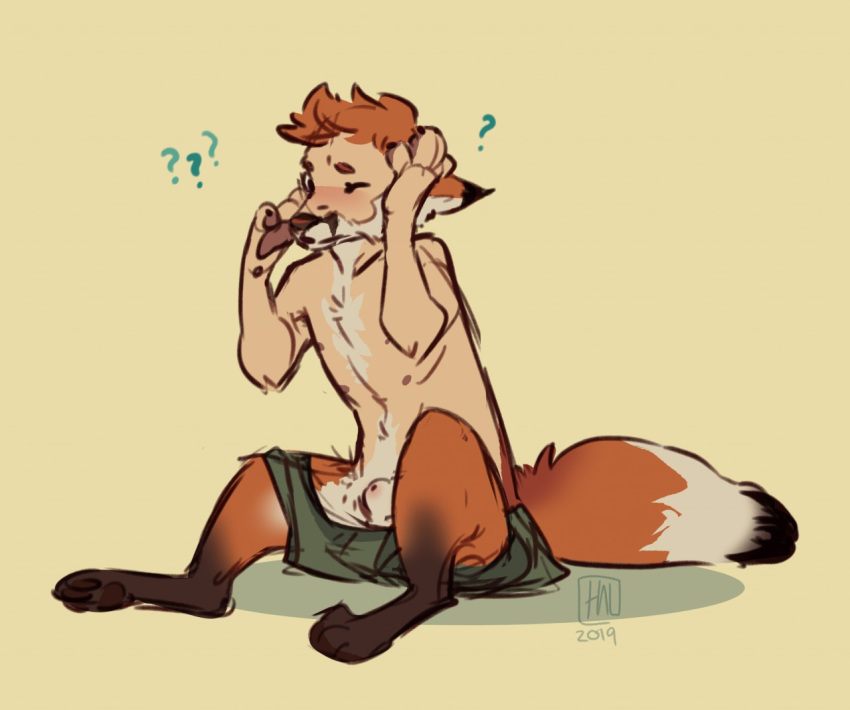 ? animal_genitalia blush canid canine clothed clothing digitigrade feral fox human male mammal multi_nipple nipples one_eye_closed pawpads reservoirdog_(artist) sheath sitting solo topless transformation