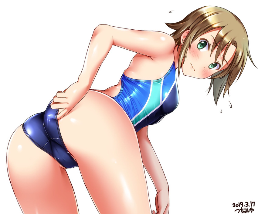 1girl adjusting_clothes adjusting_swimsuit alternate_costume artist_name ass bangs bent_over blush breasts brown_hair cameltoe closed_mouth commentary_request competition_swimsuit cowboy_shot eyebrows_visible_through_hair flying_sweatdrops green_eyes hair_between_eyes highleg highleg_swimsuit highres idolmaster idolmaster_cinderella_girls looking_at_viewer looking_back medium_breasts one-piece_swimsuit short_hair simple_background skindentation solo standing swimsuit tada_riina thighs tsuchimiya wavy_mouth white_background