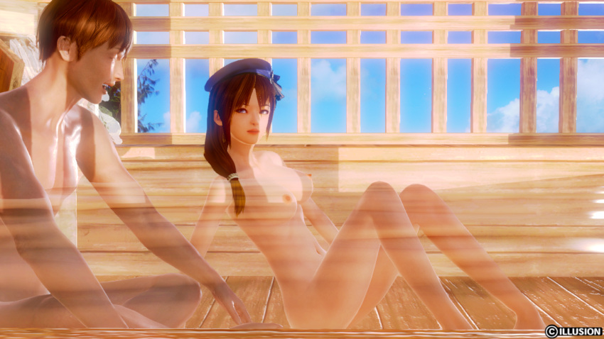 1boy 1girl 3d blue_eyes breasts brown_hair female female_only gintama honey_select illusion illusion_soft looking_at_viewer mutsu_(gintama) navel nipples nude small_breasts uncensored