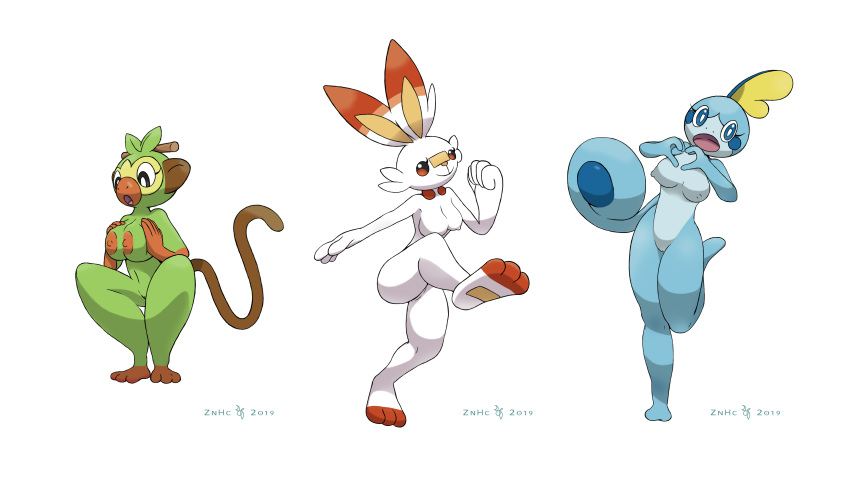 &lt;3 2019 absurd_res anthro breasts butt digital_media_(artwork) female fur grookey hi_res humanoid looking_at_viewer mammal nintendo nipples nude pinup pok&eacute;mon pok&eacute;mon_(species) pose presenting pussy scorbunny simple_background smile sobble video_games white_fur znhc