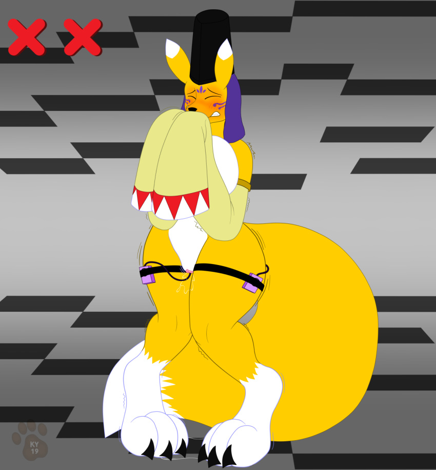 &lt;3 &lt;3_eyes 2019 3_toes anal anthro armwear belt big_breasts big_feet big_tail blush breasts canid canine claws clenched_teeth clothed clothing covering_mouth covering_own_mouth detached_sleeves digimon digimon_(species) digital_media_(artwork) dipstick_tail ejaculation eyes_closed female fixed_toy fixed_vibrator fox fur gui hat hi_res huge_breasts knock-kneed ky_(malamute) long_sleeves mammal masturbation mostly_nude multicolored_fur multicolored_tail orgasm pussy_ejaculation pussy_juice pussy_juice_on_floor sex_toy shaking solo standing taomon teeth toes trembling two_tone_fur vaginal vibrator white_fur wide_hips yellow_fur