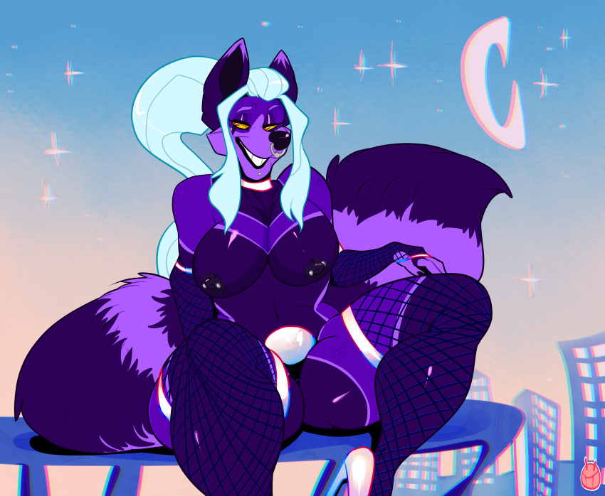 2019 absurd_res ailurid anthro bedroom_eyes big_breasts biped black_lips black_nails black_nipples black_nose blue_hair breasts building bulge butt_from_front cheek_piercing choker chromatic_aberration city cityscape clothed clothing colored_nails cool_colors crescent_moon curvaceous dickgirl digital_drawing_(artwork) digital_media_(artwork) dipstick_ears eye_markings eyebrows eyelashes facial_markings facial_piercing fingerless_gloves fishnet fishnet_armwear fishnet_gloves fishnet_legwear fluffy fluffy_tail footwear front_view fur gloves hair half-closed_eyes hand_on_leg hi_res intersex labret_piercing legwear lighting lip_piercing lips long_tail looking_aside looking_away lowbret mammal markings moon multiple_piercings muzzle_(marking) navel night nipple_piercing nipple_stud nipples nose_piercing nose_ring orange_eyes panties piercing plume_(mxplume) ponytail purple_ears purple_eyebrows purple_fur purple_markings purple_tail raised_eyebrow red_panda ringtail ryarik seductive septum_piercing shadow shiny shoes sitting sky small_waist smile snout solo star starry_sky surface_piercing symbol teeth thick_thighs toony topless underwear watermark yellow_sclera
