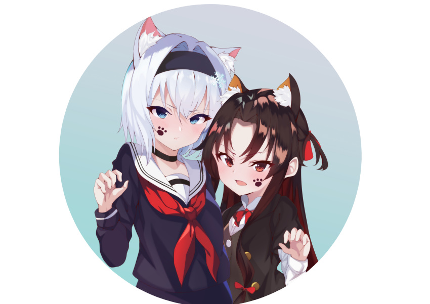 2girls absurdres animal_ear_fluff animal_ears black_choker black_hairband black_serafuku blue_eyes blue_hair brown_hair cat_ears choker eyebrows_visible_through_hair hair_ribbon hairband highres kemonomimi_mode long_hair long_sleeves looking_at_viewer maple_(echirop) multiple_girls red_eyes red_ribbon ribbon ryuuou_no_oshigoto! school_uniform serafuku short_hair sora_ginko white_hair yashajin_ai