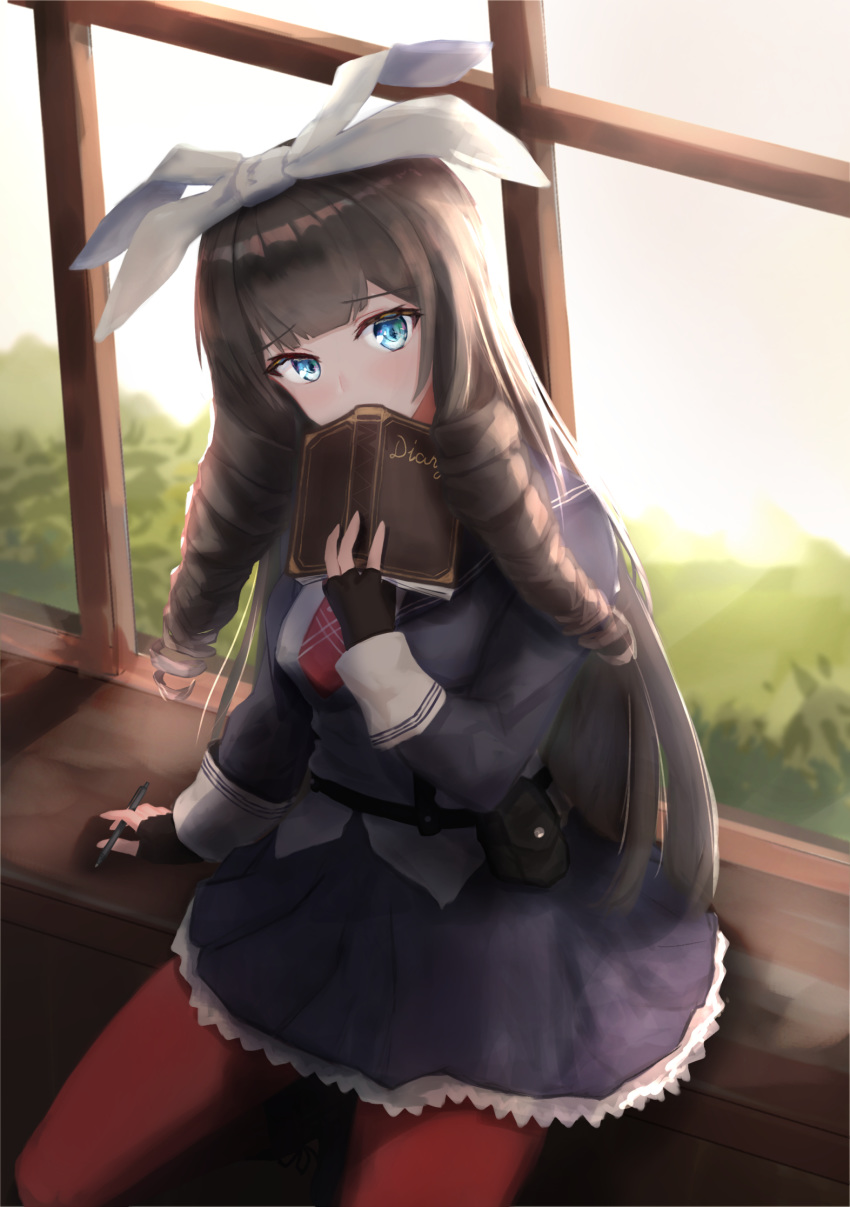 1girl arm_support belt belt_pouch black_gloves blue_eyes blue_skirt blush book book_to_mouth bow brown_hair bush commentary_request covering_mouth day diary drill_hair drill_locks fingerless_gloves girls_frontline gloves hair_bow hand_up head_tilt highres holding holding_book holding_pen howa_type_64_(girls_frontline) indoors kurusemina large_bow long_hair looking_at_viewer necktie pantyhose pen pouch red_legwear red_neckwear sailor_collar shirt sitting skirt solo sunlight tree untucked_shirt very_long_hair white_bow windowsill