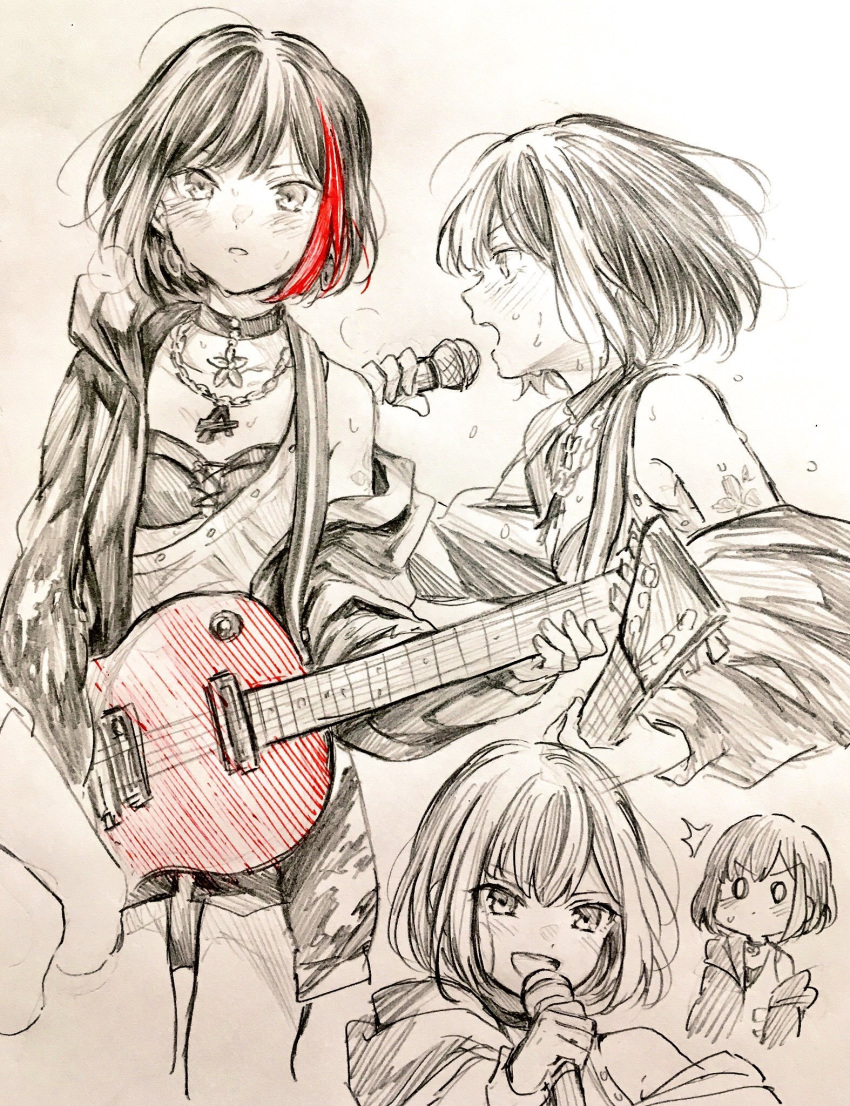 /\/\/\ 1girl :d bang_dream! bangs blush bob_cut breath chain_necklace choker electric_guitar guitar haru_hina highres holding holding_microphone hood hood_down hooded_jacket instrument jacket jewelry long_sleeves microphone mitake_ran multicolored_hair multiple_views music o_o off_shoulder open_mouth paint_stains pants pendant playing_instrument red_hair short_hair shoulder_tattoo smile spot_color streaked_hair sweat sweatdrop tattoo traditional_media v-shaped_eyebrows
