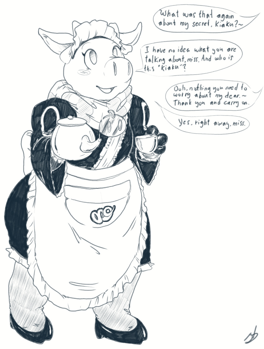 2019 anthro apron brainwashing clothed clothing cup dialogue domestic_pig english_text female girly hi_res hypnosis kettle kiaku maid_uniform mammal mind_control open_mouth simple_background smile solo speech_bubble stormdragonblue suid suina sus_(pig) tea_cup text traditional_media_(artwork) uniform