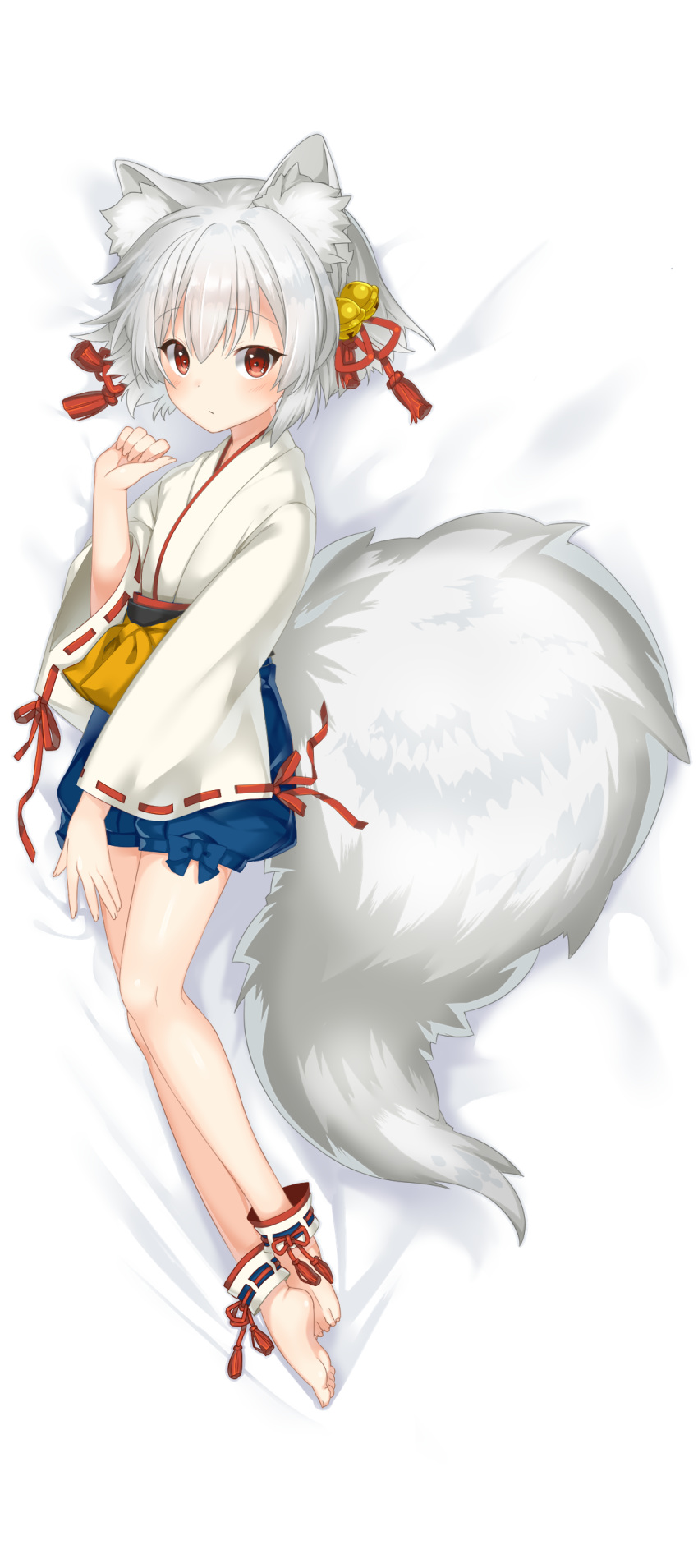 09x absurdres animal_ear_fluff animal_ears ankle_cuffs barefoot bed_sheet bell blush bow dakimakura dot_nose eyebrows_visible_through_hair fox_ears fox_tail from_above full_body hair_between_eyes hair_ornament hair_ribbon highres japanese_clothes jingle_bell kimono looking_at_viewer lying original red_eyes ribbon ribbon-trimmed_sleeves ribbon_trim short_hair silver_hair solo tail