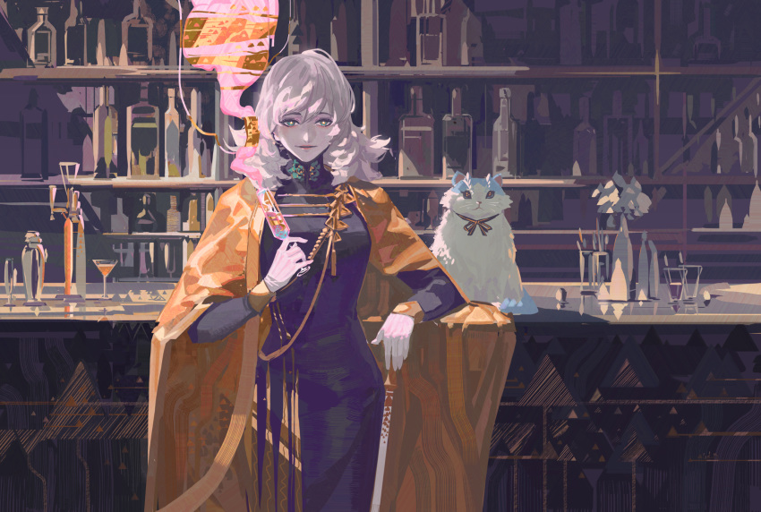 alcd alcohol androgynous aqua_eyes bar bottle cape cat champagne_flute cocktail_glass cup drinking_glass fur_trim highres indoors long_sleeves looking_at_viewer pixiv_fantasia_last_saga short_hair solo standing vase white_hair wine_bottle yellow_cape