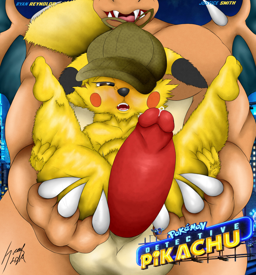 2019 absurd_res anthro balls big_penis charizard detective_pikachu digital_media_(artwork) duo english_text erection fur greey hat hi_res humanoid_penis interspecies larger_male male male/male nintendo penis pikachu pok&eacute;mon pok&eacute;mon:_detective_pikachu pok&eacute;mon_(species) signature size_difference smaller_male smile text video_games yellow_body yellow_fur