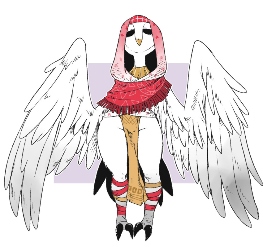 anthro avian beak bird clothed clothing empty_eyes feathers female front_view full-length_portrait hi_res light_feathers no_underwear nuclearwasabi owl pale_feathers pink_clothing portrait red_clothing solo talons white_feathers winged_arms wings wrappings