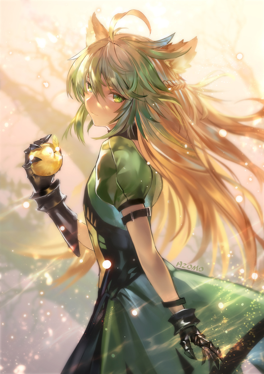 2019 animal_humanoid anime apple atalanta_(fate) azomo cat_humanoid clothed clothing dress fate/grand_order fate_(series) felid felid_humanoid feline feline_humanoid female food fruit gloves golden_apple green_eyes green_hair hair hi_res holding_object humanoid long_hair looking_at_viewer looking_back mammal smile solo standing