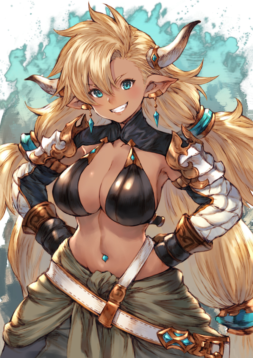 1girl absurdres almeida_(granblue_fantasy) aqua_eyes armpits asymmetrical_bangs bangs blonde_hair breasts cleavage commentary_request dark_skin draph earrings gem gloves granblue_fantasy grin hair_ornament hands_on_hips head_tilt highres horns jewelry large_breasts long_hair looking_at_viewer makimura_shunsuke midriff navel_piercing parted_lips piercing pointy_ears simple_background smile solo teeth very_long_hair