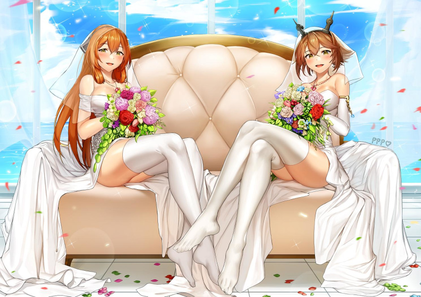 2girls armlet bangs blush bouquet breasts bridal_veil brown_hair commentary_request commissioner_upload dress eyebrows_visible_through_hair flower full_body girls_frontline green_eyes hair_between_eyes hair_ribbon hair_rings headgear heart heart_necklace holding holding_bouquet jai_(whany1998) kantai_collection korean_commentary large_breasts legs_crossed legs_together light_particles long_hair looking_at_viewer m1903_springfield_(girls_frontline) multiple_girls mutsu_(kantai_collection) no_shoes off-shoulder_dress off_shoulder open_mouth petals pink_flower pink_rose red_flower red_rose ribbon rose short_hair sidelocks sitting smile veil wedding_dress white_legwear yellow_flower yellow_rose